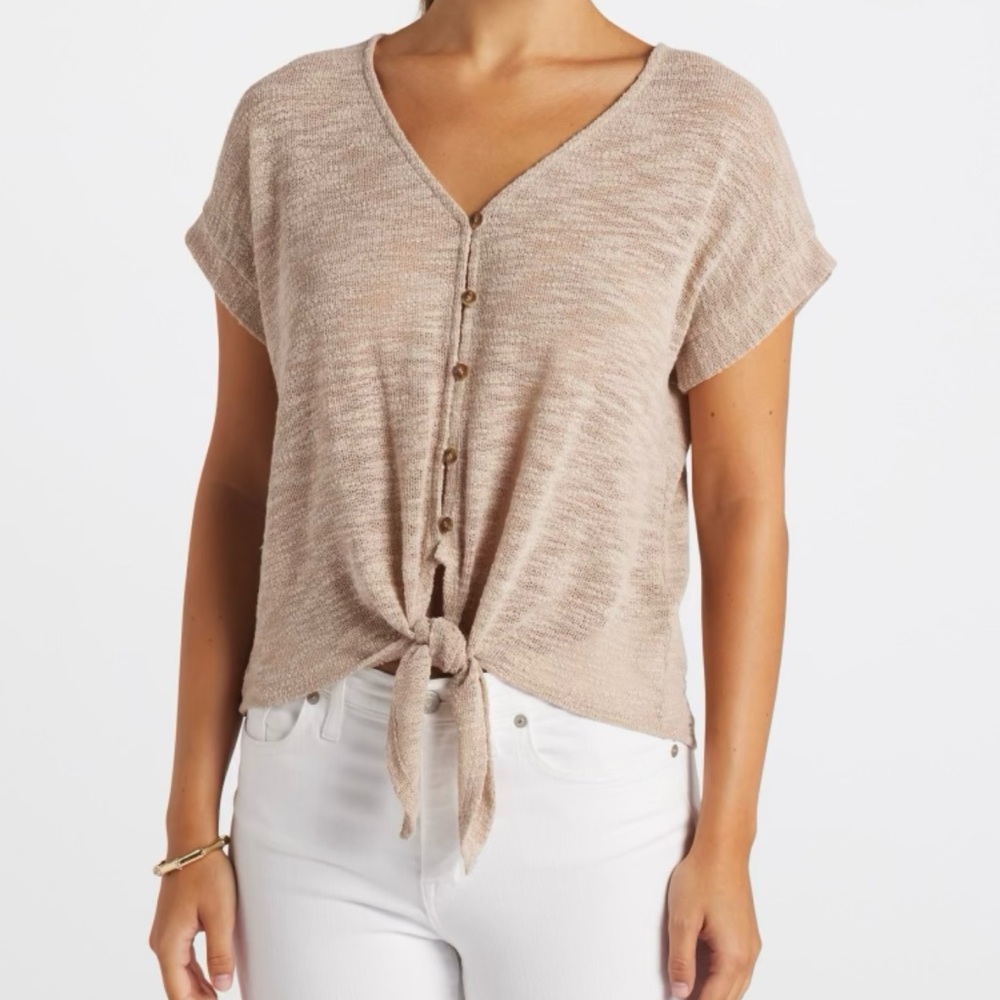Kaileigh Beige Knotted Short Sleeve Blouse Tan Beige Large